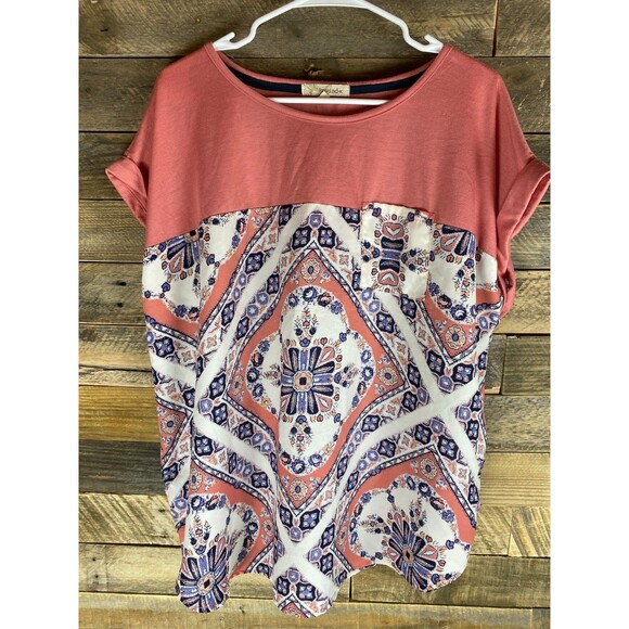 Rewind Womens Plus Sz 2X Coral & Blue Mandela Design Short Sleeve Top - Picture 1 of 11